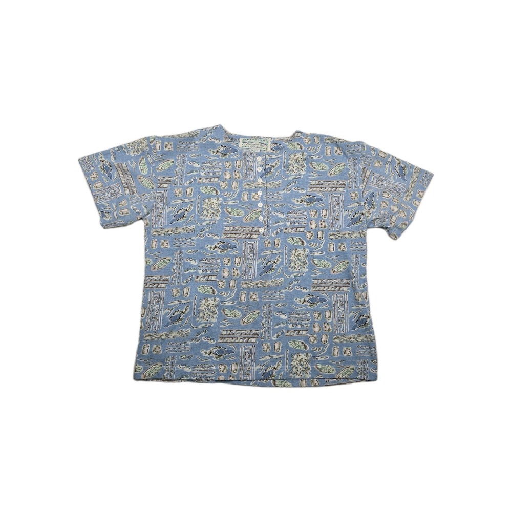 Emerald Isle Petite Medium Blue Abstract Henley Short Sleeve Vintage Shirt Top